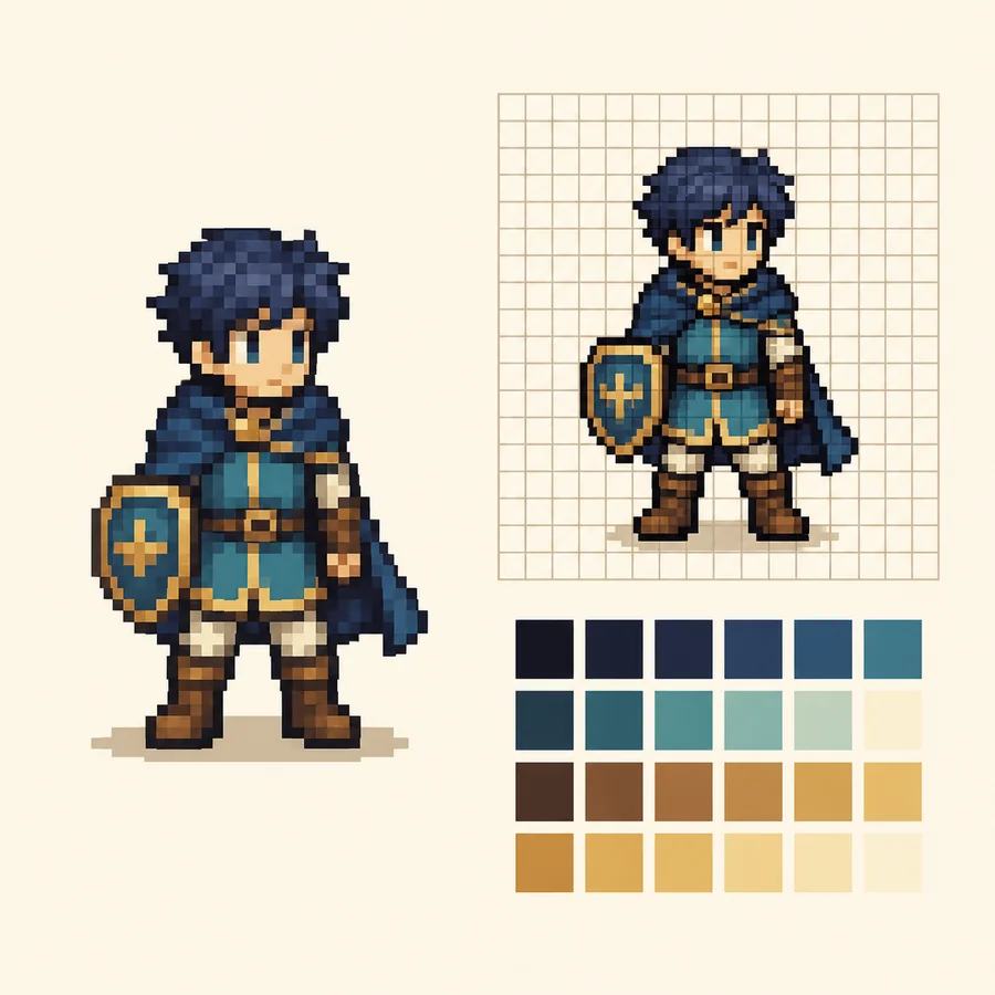 オリジナルのRPG勇者風ドット絵とピクセルグリッド、配色パレット