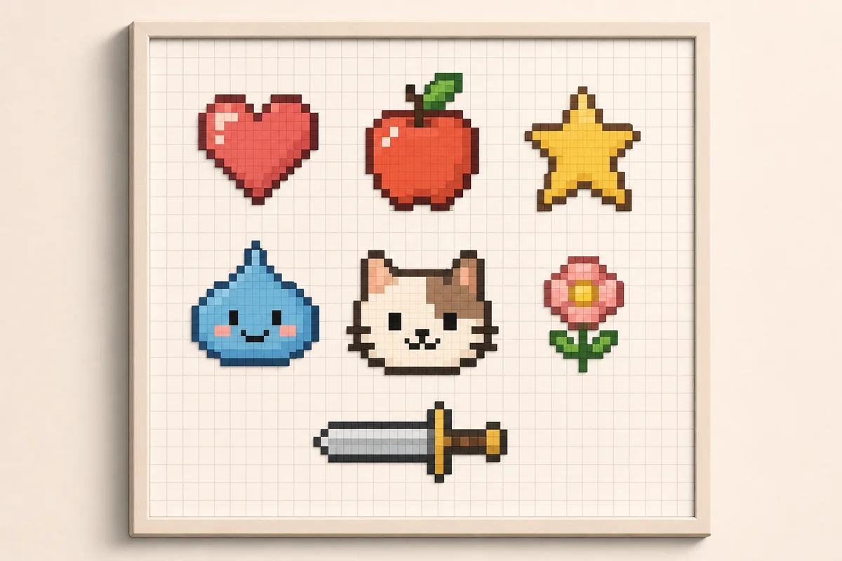 ハート、りんご、星、スライム、猫、花、剣の簡単なドット絵モチーフ例