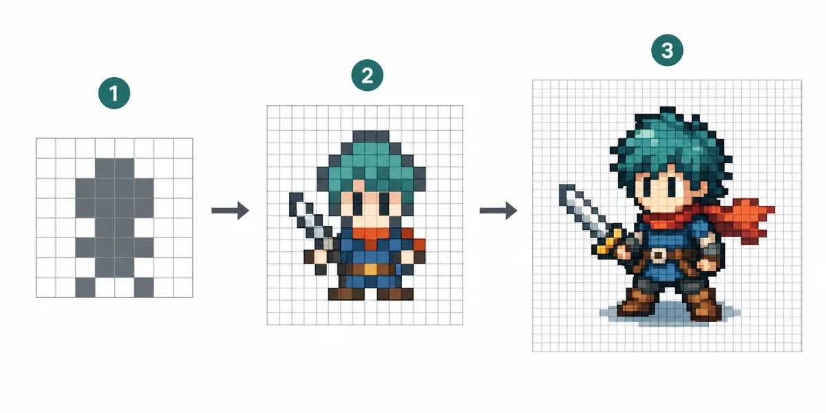 8×8のラフから16×16、32×32へ進めるドット絵練習の流れ