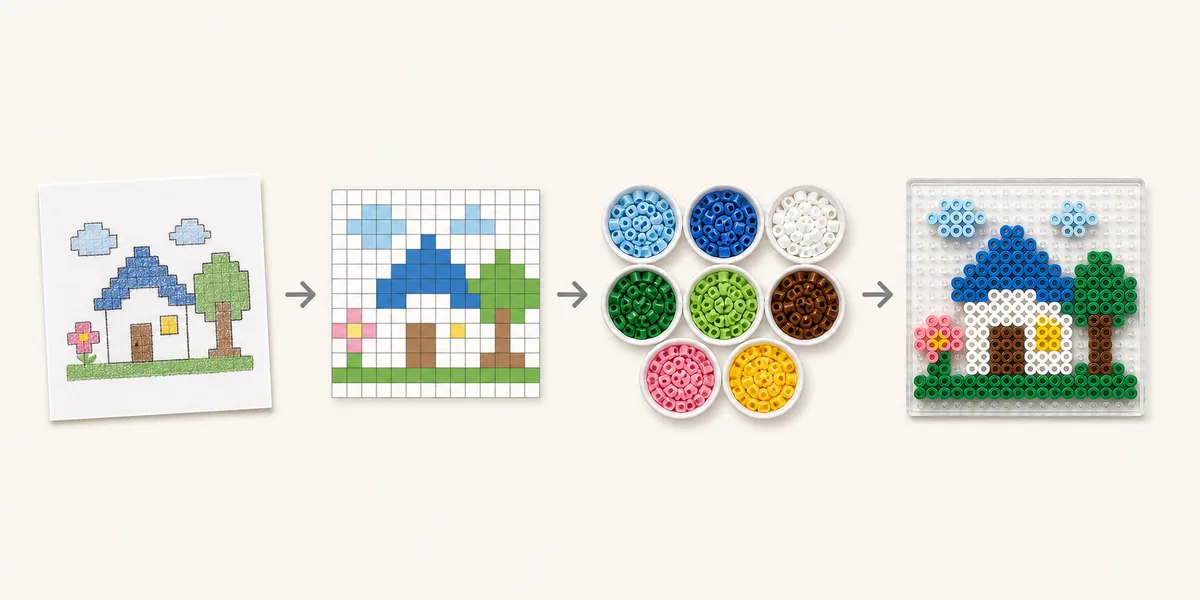 写真からドット絵グリッドを作りアイロンビーズ図案へ整理する流れ