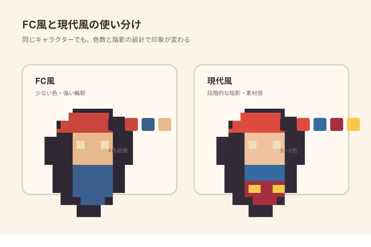 FC風と現代風のオリジナルピクセルキャラクターを色数と陰影で比較した図
