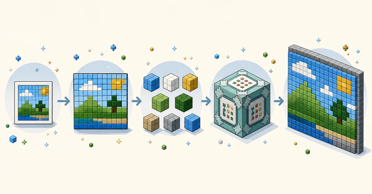 低解像度画像をグリッド、色分けしたブロック、コマンドブロック、完成した壁面作品へ変換する流れの示意図