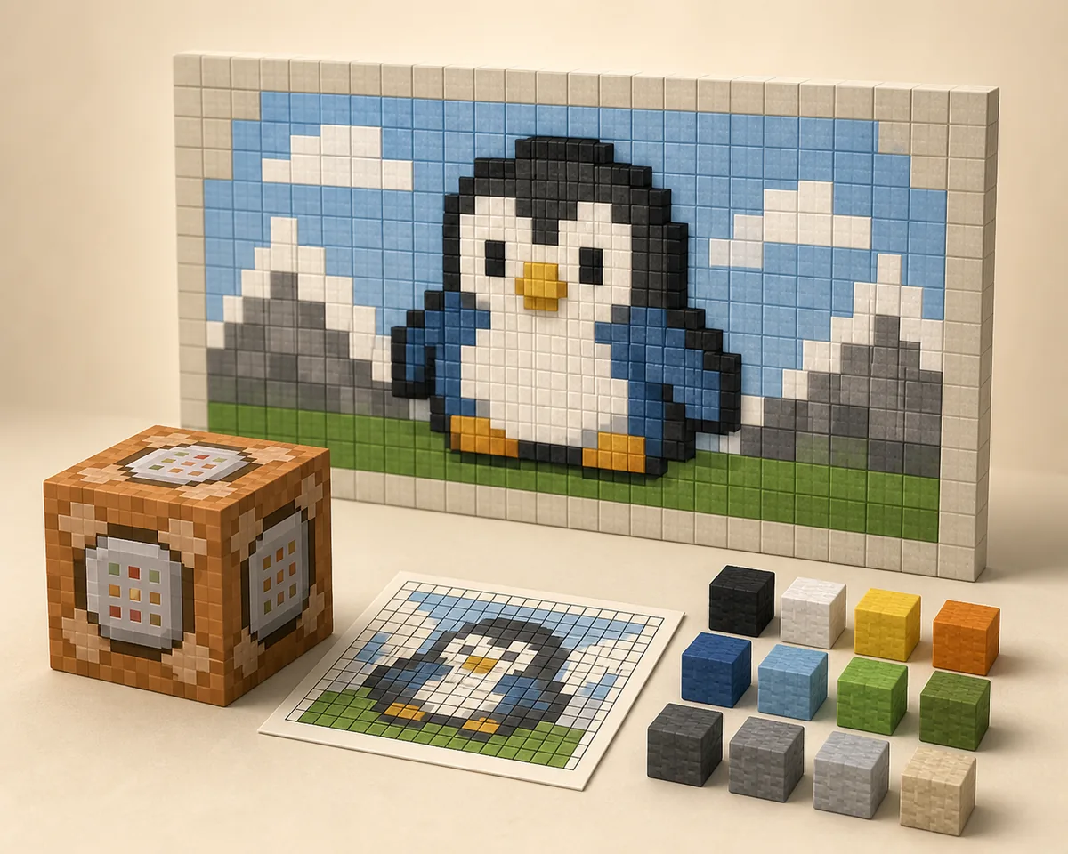 コマンドブロック、ドット絵の設計図、色分けしたブロックを使って壁面作品を作る示意図