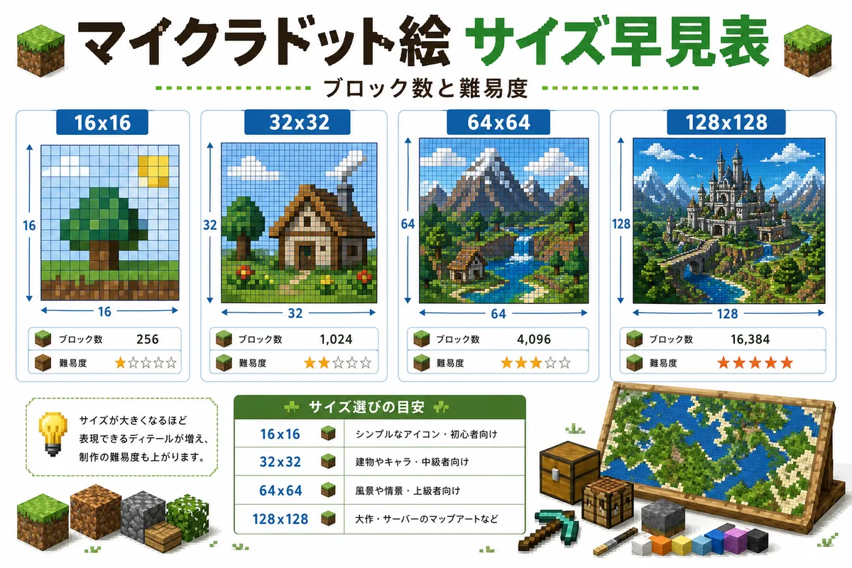 マイクラドット絵の16×16、32×32、64×64、128×128サイズ別ブロック数と難易度の比較図