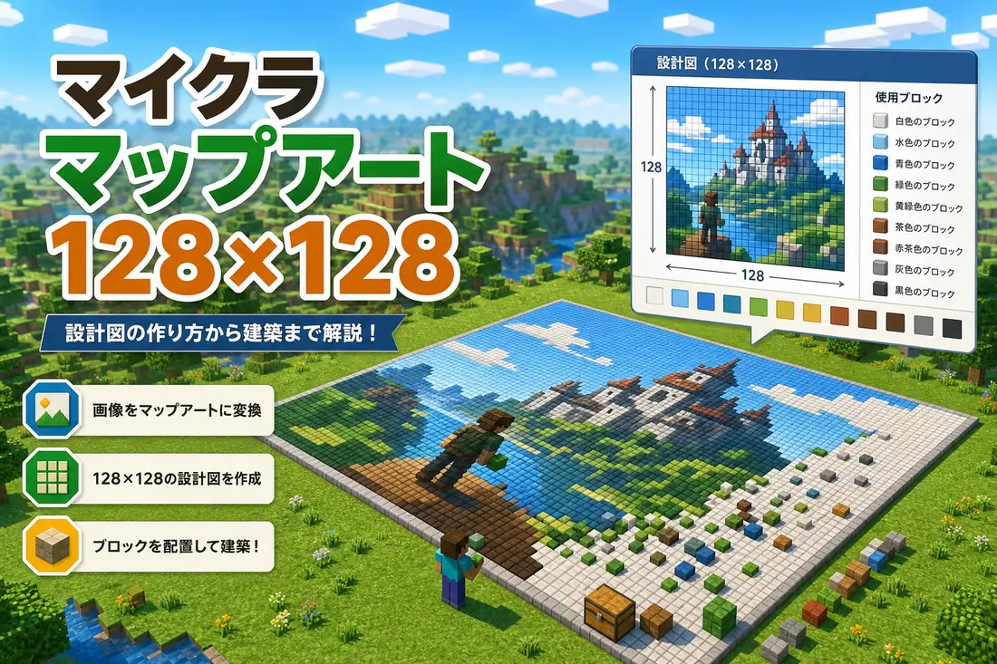 マイクラの128×128マップアートを地図絵として作るためのグリッド、ブロック、材料表のイメージ