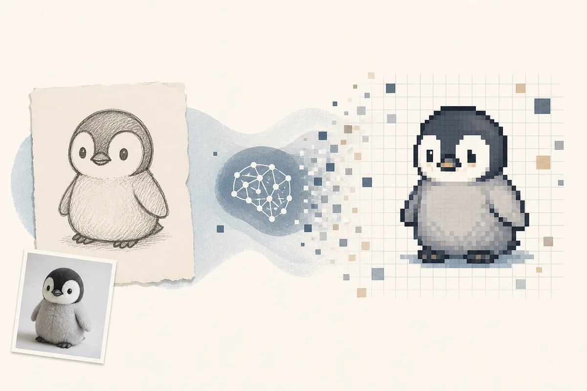 AIでラフ画像からドット絵風キャラクターを作る流れのイメージ