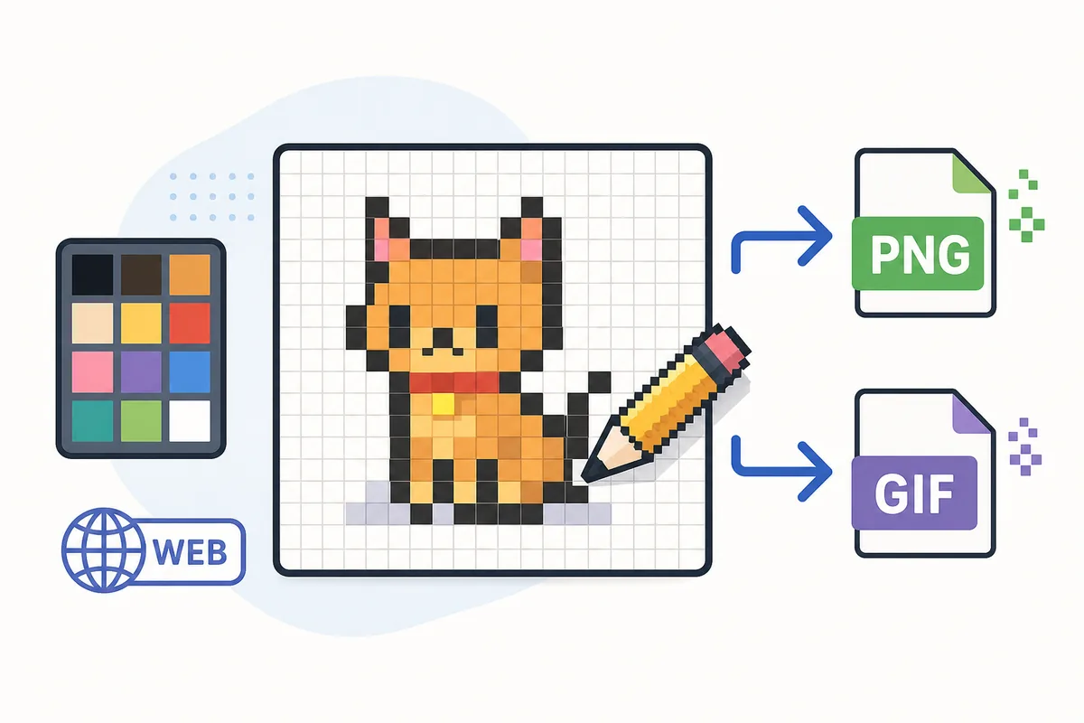 ブラウザでドット絵を描くサイトを選ぶためのキャンバス、パレット、保存形式の図解