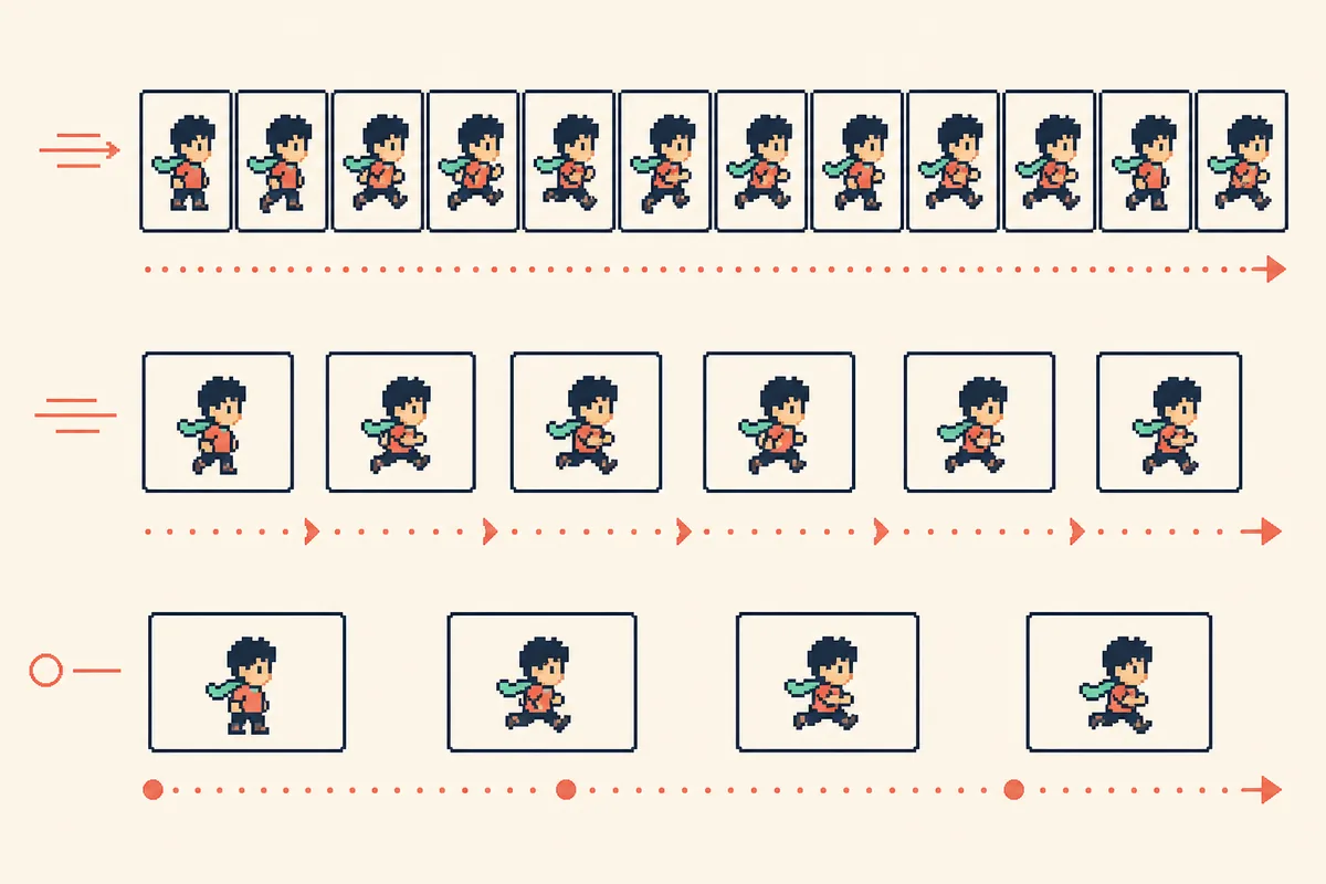 フレーム間隔の違いでドット絵GIFの動きの速さが変わる比較図