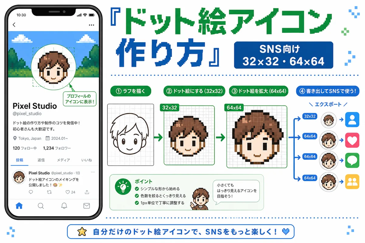 SNS向けドット絵アイコンを32×32と64×64で作り分ける手順の図解