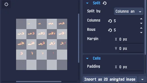 PixelOver公式のスプライトシート読み込み画面で列数と行数を指定している様子