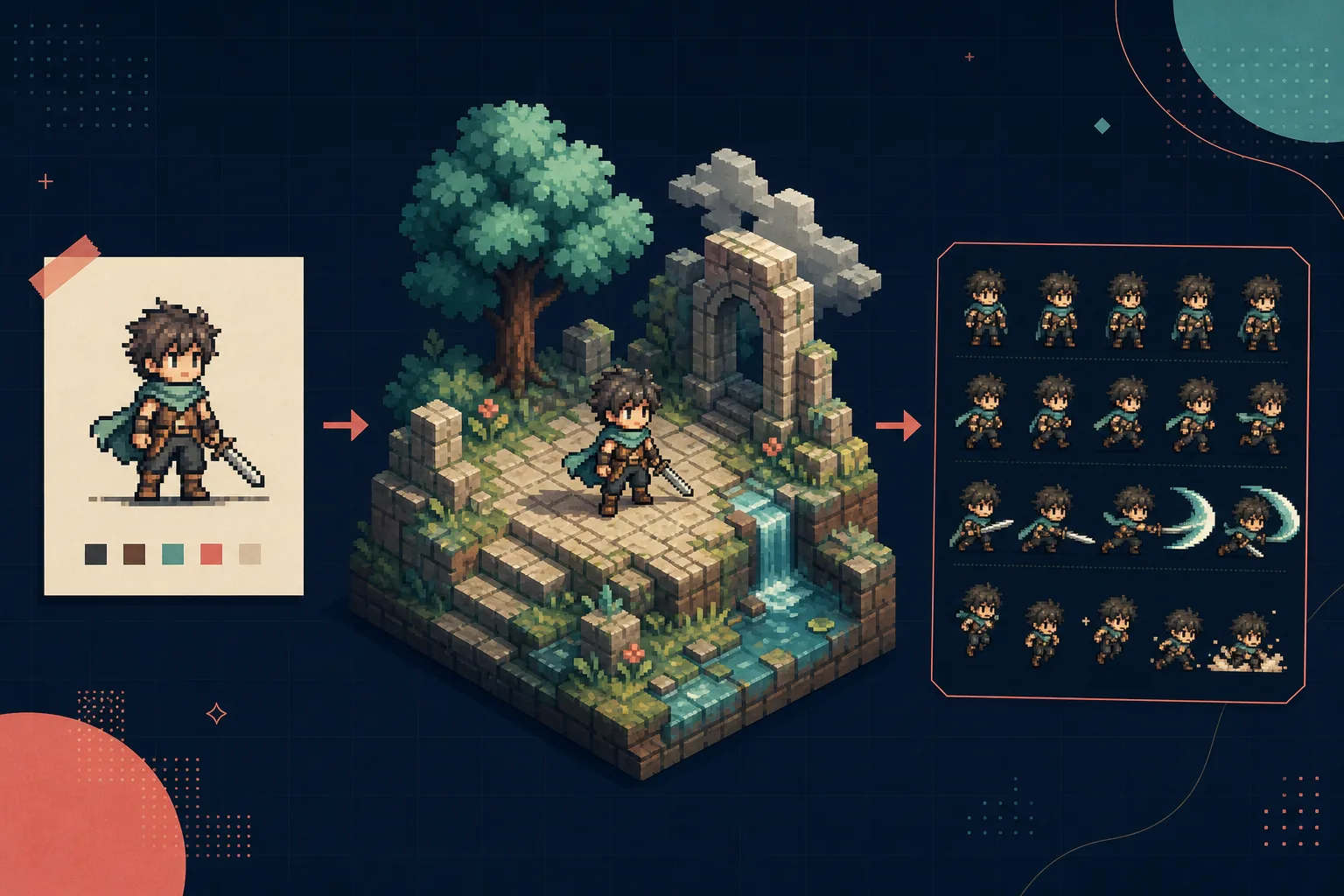 素材をドット絵化し、3Dシーンとアニメーションフレームへ進めるPixelOverの使い方を表した編集用イラスト