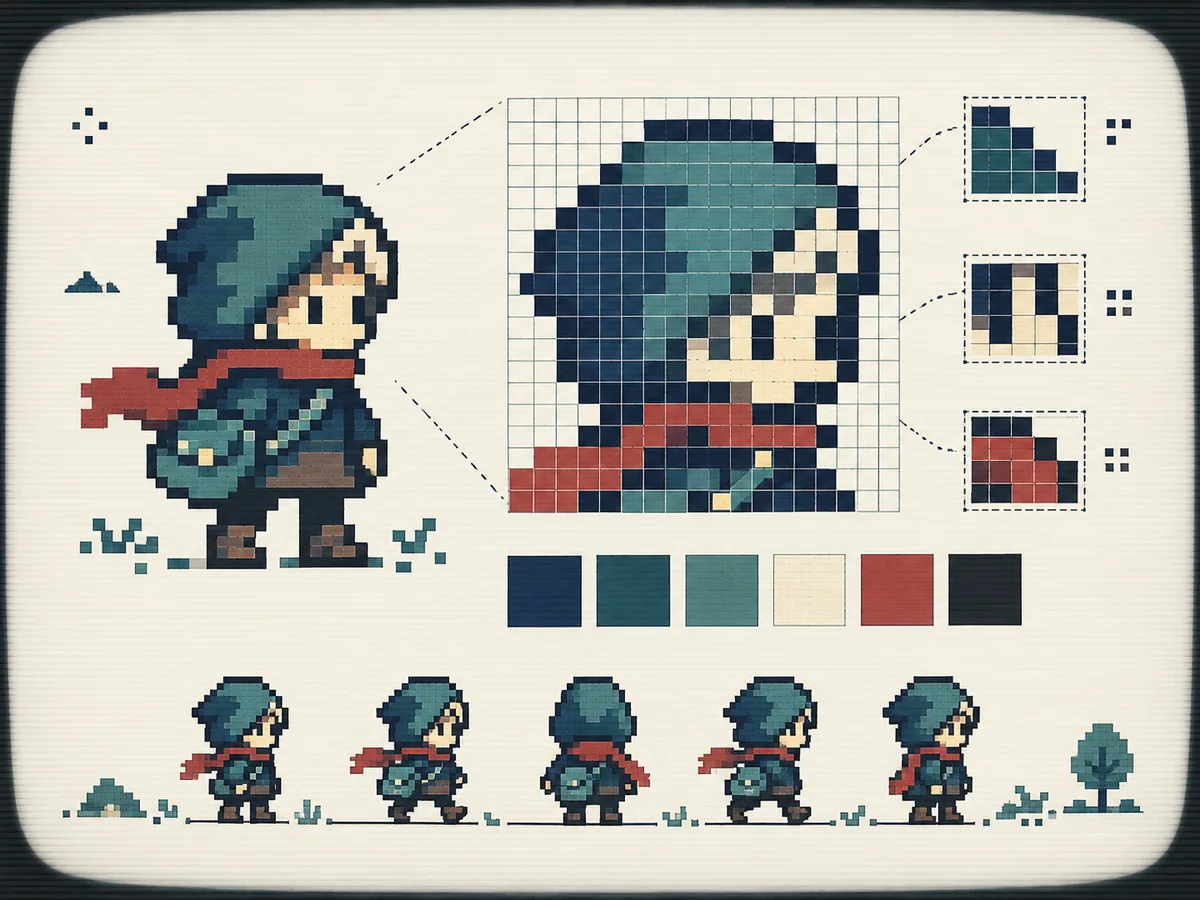オリジナルのレトロゲーム風ピクセルキャラクター、タイルグリッド、少数色パレット