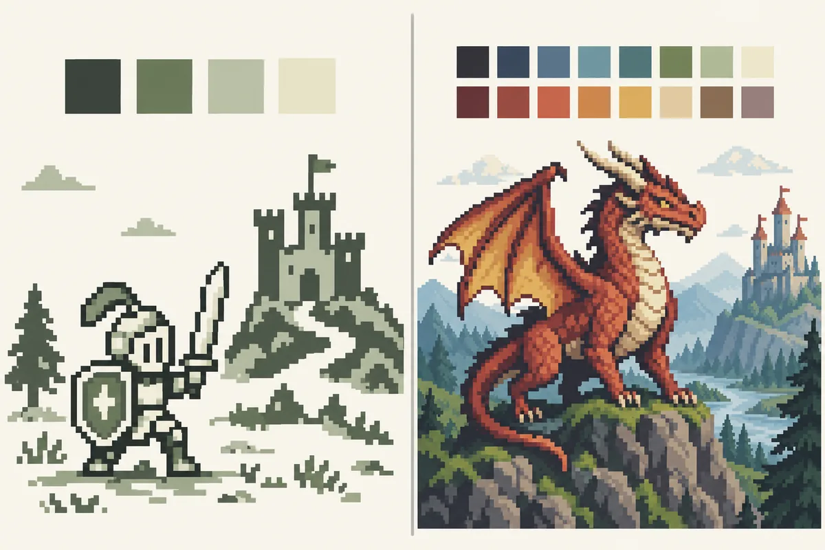 少数色の携帯機風ドット絵と多色16ビット風ドット絵を比較したオリジナル図