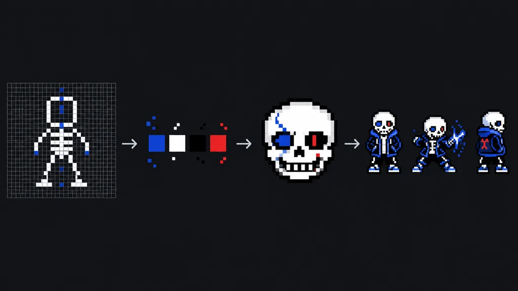 ラフのシルエット、限定パレット、顔のピクセル、3ポーズの順に進むドット絵制作フロー