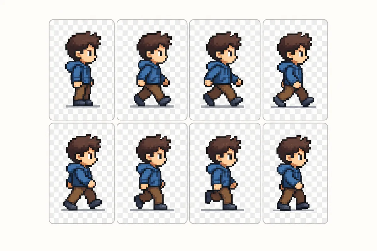 ドット絵キャラクターの複数フレームをスプライトシートに整理したイメージ
